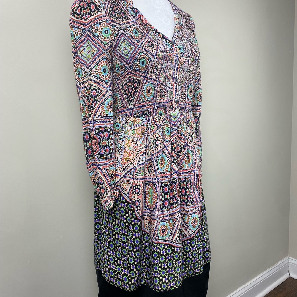 Anthropologie Maeve Long Sleeve Smocked Button Multi Color Print Dress Small - Picture 5 of 11